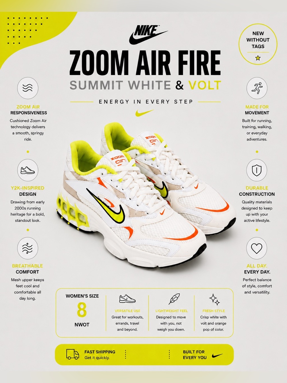 Nike Zoom Air Fire Summit White & Volt Shoes SZ 8 NWOT
